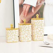 1 件方形裂纹釉白色陶瓷罐带盖，密封储物罐，用于存放谷物、零食、桌面收纳盒，带珍珠手柄 - 彩色 - 查看 8