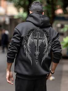 Men's Casual Street Style Dark Graphic Wing & Cross Print Thermal Lined Hoodie Sweatshirt, Autumn/Winter, Long Sleeve Top - Black - View 2