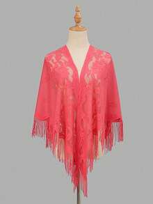 1 pieza Nuevo chal de encaje con flecos para mujer, pañuelo triangular de unicolor, ligero y transpirable, accesorio para vestido para boda, fiesta y dama de honor - Blanco - Ver 11