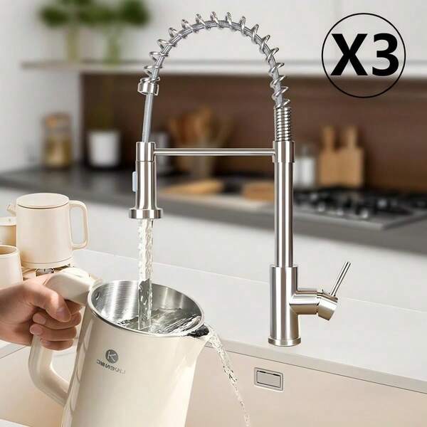 Deboola Grifo de cocina de 3 piezas, grifo para fregadero de cocina, grifo con ducha de resorte, grifo de fregadero extensible de acero inoxidable cepillado con 2 tipos de chorro, grifo mezclador giratorio de 360°.