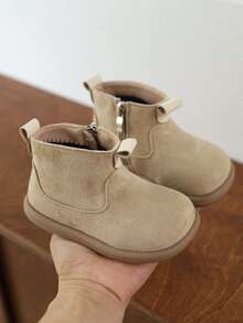 1 Pair Kids' Soft Sole Anti-Slip Warm Lined Simple Fashion Flat Round Toe Ankle Boots, Suitable For Outdoor Sports In Autumn/Winter - Màu Khaki - Xem 5