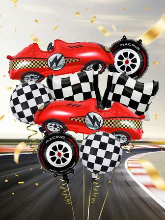 8pcs Racing Car Theme Balloon Set, Includes 3D Red Race Car, Racing Flags, Tires And Black & White Checkered Foil Balloons, Suitable For Birthday Party Decoration, Sports Events, Racing Theme Parties, Competition Celebrations And Home Backdrop Decor