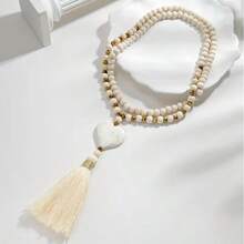 1PC Bohemian Style Long Y-Shaped Women's Necklace - Embellished With Alloy Bead Chains And White Tassel Pendant, Suitable For Daily And Holiday Wear As A Multi-Layered Accessory, A Gift For Her - 白色 - 查看 4