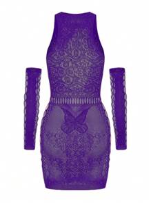 1 pezzo, Abito sexy da donna in 2 pezzi, con decorazione di strass a forma di libro viola, incluso vestito e maniche, abito aderente con parte frontale traforata, elastico