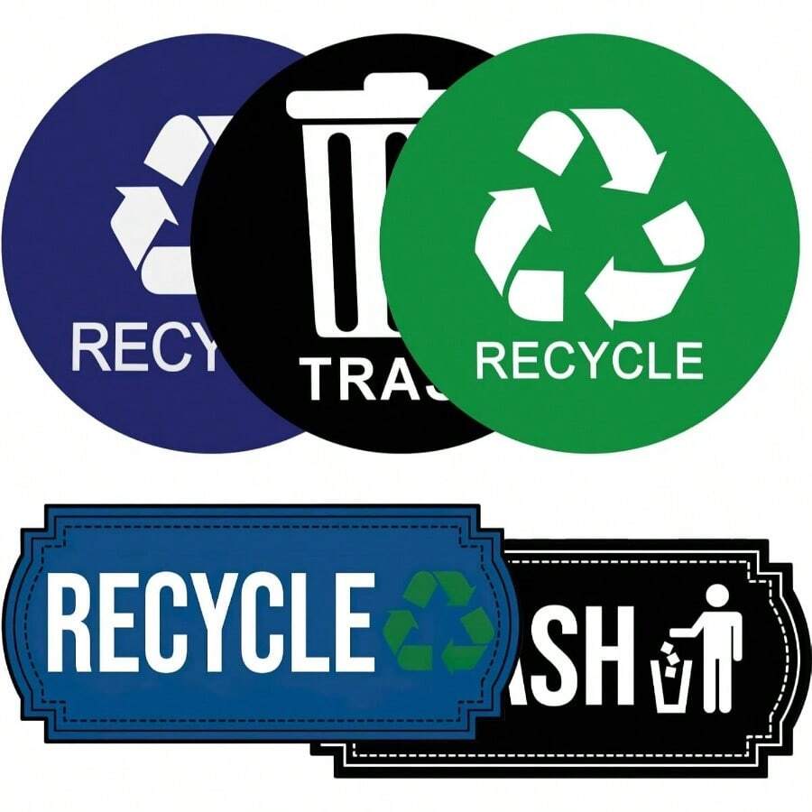 Trash And Recycle Stickers 5 Pcs For Bins, Recycling Stickers For Trash Can UV Stable And Weatherproof, Bin Labels For Kitchen Offi Garage Waste Basket Indoor Outdoor Use - Initial - View 1