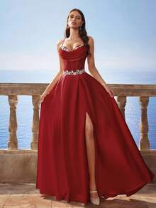 巴洛克风格缎面吊带美人鱼长裙，法式伴娘礼服，返校节礼服，晚礼服，派对礼服 - 酒紅 - 查看 8