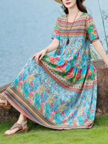 FANMUER Abito midi boho da donna con tasche, linea ad A, collo rotondo, maniche corte, stampa floreale colorata in tessuto tessuto, stile estivo