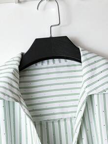 Women's Rhinestone Striped Long Sleeve Fitted Business Casual Blouse, Autumn/Winter - Green and White - View 4