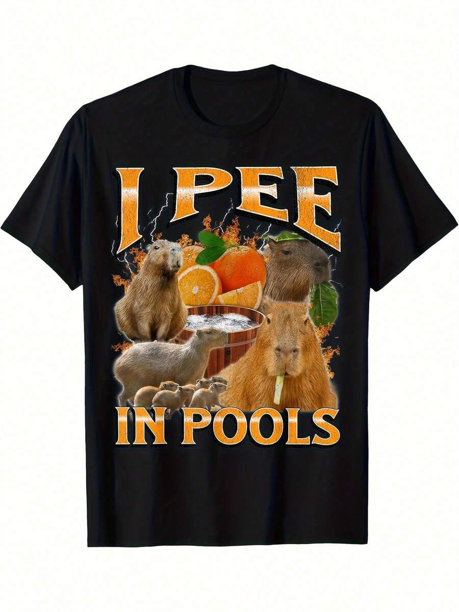 1 Piece Men's "I Pee In The Pond" Balala Meme Pattern T-Shirt - 100% Cotton 220g Black Y2K Retro Casual T-Shirt With Bright Orange Print, Short Sleeve Round Neck Humorous Novelty Top, Suitable For Adults, Casual Wear | Optimistic Design | Cotton T-Shirt - 黑色 - 查看 1