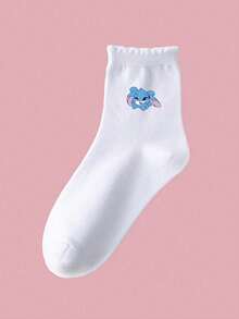5 Pairs Children's Socks, Spring/Summer, Solid Color Lace Trim Socks, Cute Blue Rabbit & Tao Tao Pattern, Simple Fashion Versatile, Skin-Friendly Soft Breathable Casual Sports Socks, Suitable For Daily Wear, Gifts, Travel, Back To School, Campus, Sports, New Semester, Students, Back To School Season - Multicolor - View 5