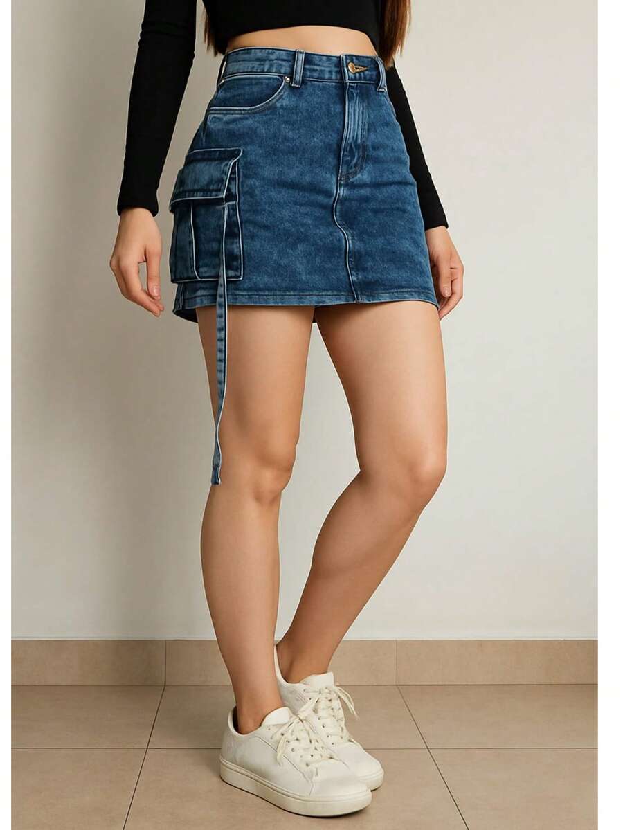 Falda de mezclilla stretch - Azul lavado medio - Ver 1