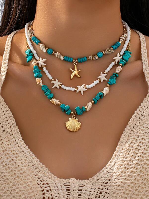 1Set Fashion Summer Ocean Theme Beaded Necklace With Starfish Pendant Layered Choker Necklace For Summer