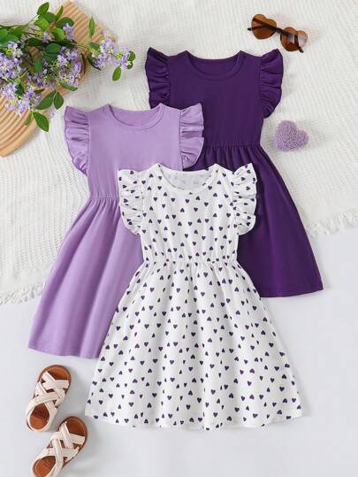 3pcs/Set Young Girls' Valentine's Day Summer Fashion Flutter Sleeve Heart Print + Solid Color Patchwork Casual Dress Outfit