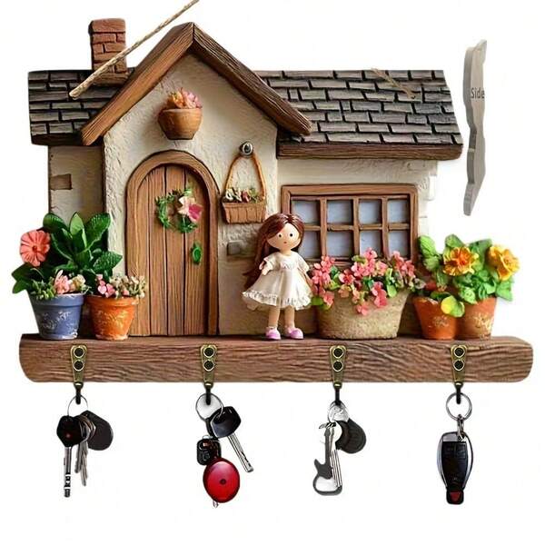 2D Flat, 1pc Cute Wooden Multifunctional House-Shaped Key Holder With 4 Metal Hooks, Suitable For Wall Decor, Porch Decor, Room Decor, Villa Decor, Home Decor All Seasons, 2D Flat