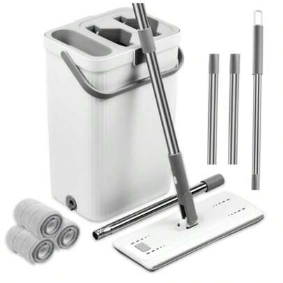 Flat Mop And Bucket System, Separates Dirty And Clean Water, Hands-Free Floor Mop And Bucket With Wringer Set For Home, Include 3 Reusable Microfiber Mop Pads, Home Cleaning For All Floor Types (XF)