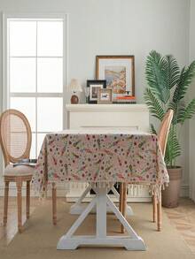 MeijiaMo 1 pièce Nappe rectangulaire imprimée de lapins et de fleurs, tapis de décoration bohème décontracté en polyester avec franges, anti-poussière pour salle à manger, cuisine, hôtel, chambre, fête, table ronde