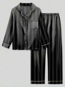 青少年女孩条纹长袖和裤子两件套睡衣套装 - 彩色 - 查看 1