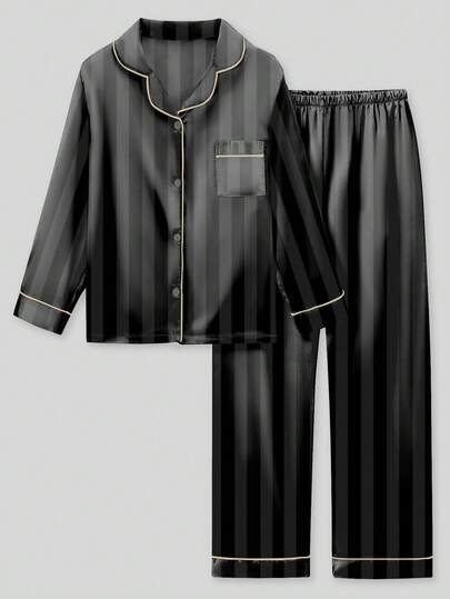 青少年女孩条纹长袖和裤子两件套睡衣套装