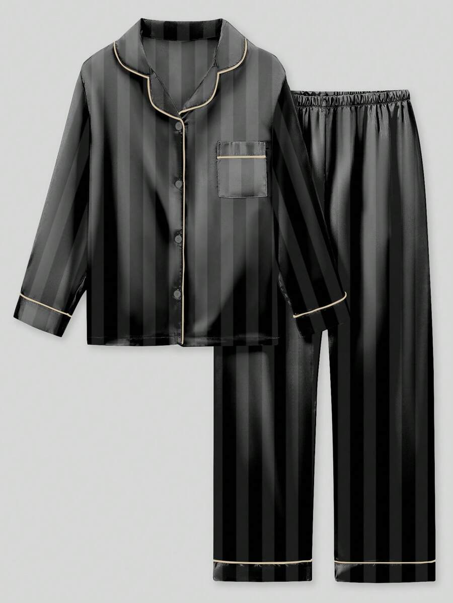 青少年女孩条纹长袖和裤子两件套睡衣套装 - 彩色 - 查看 1