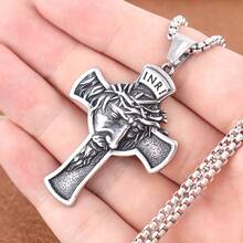 1 pieza Collar con colgante de cruz de Jesús de moda INRE, collar con colgante cristiano de acero inoxidable 316L adecuado para uso diario de hombres y mujeres, regalo para Pascua, Ramadán, estilo callejero