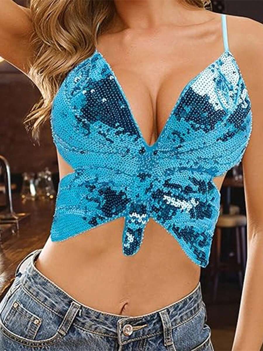 Women's Short Tops With Shiny Sequins Embellished Irregular Butterfly Look Sleeveless Camisole Vest - Màu xanh lam - Xem 1