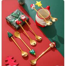 14pcs Christmas Doll Dessert Fork Spoon Set Christmas Tree Coffee Spoon, Fruit Fork Cartoon Santa Claus Christmas Gifts Suitable For Holiday Gatherings, Holiday Parties, Family Dinners, Etc. Smooth Washed, Reusable