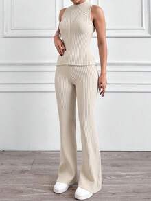 Pantaloni casual pentru femei, cu imprimeu texturat, elastici, tricotați cu nervuri, cu picior drept, cu detaliu despicat