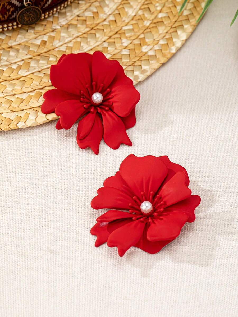 1 Pair Vacation Style Metal Flower Pendant Earrings, Suitable For Women's Daily And Party Outfits, Flower Design Is Random - Red - View 1