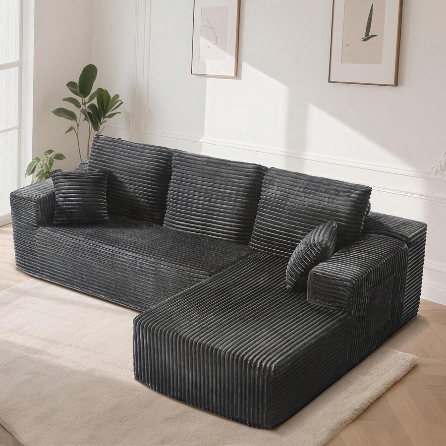 106'' Cloud Sectional Couch With L-Shape Chaise, (Grey) Boneless Sofa With Deep Seat, Modern Modular Couch For Living Room Bedroom, No Assembly Required, Comfy Plush Corduroy Fabric ,Sofa De Sala,Couch,Sofa Cama,Muebles Para Sala,Couch For Living Room, Living Room Furniture, Muebles, Bedroom Furniture Set, Recliner Chair For Adult, Living Room Set Furniture.