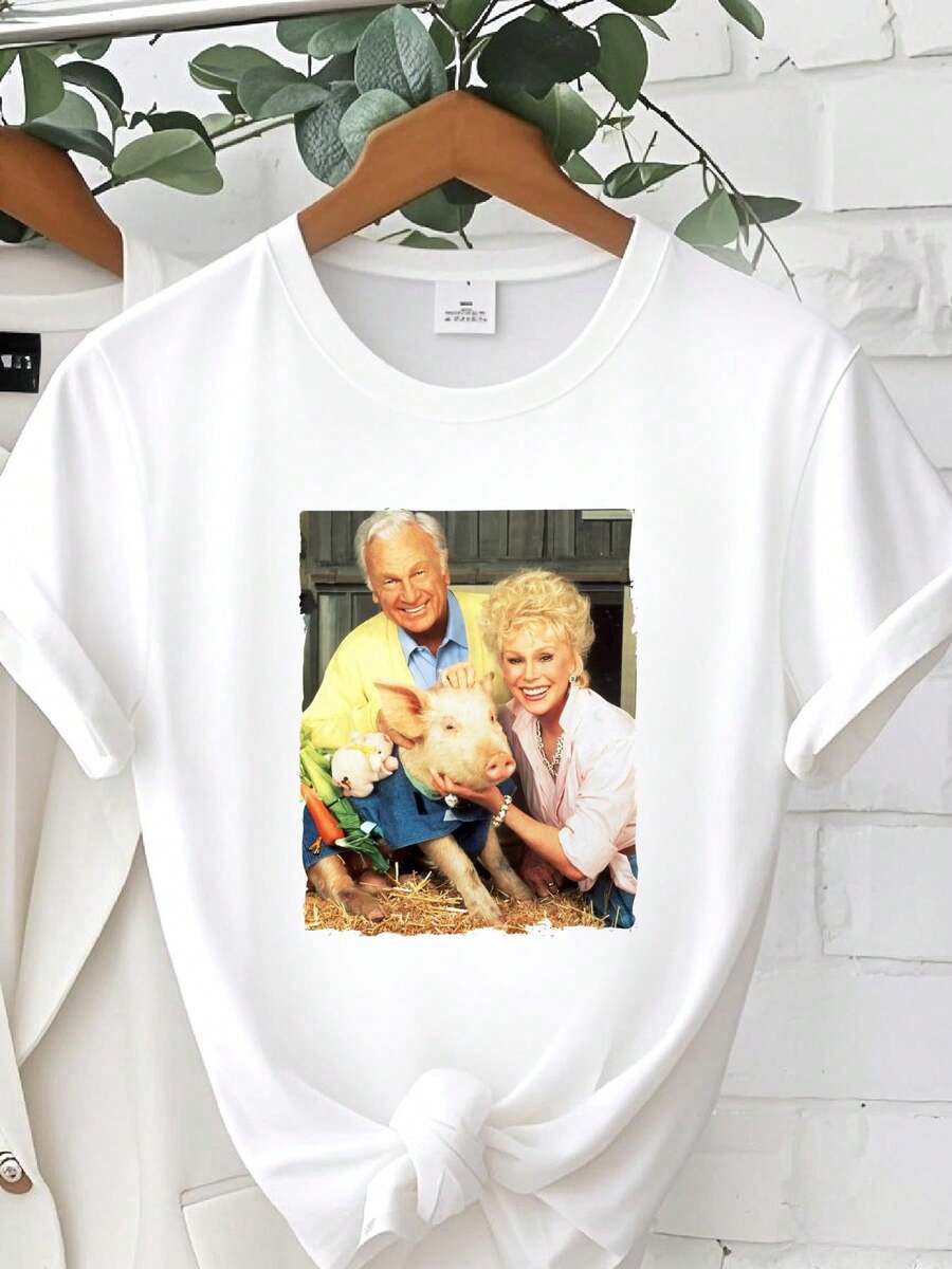 180g Pure Cotton Green Acres 70s TV Series Graphic T-Shirt Unisex For Women Print Round Neck Short Sleeve Summer Fashion Comfortable Top For Everyday Wear Men Breathable Casual Streetwear Stylish Versatile Stretched Soft Slightly Designer Clothes - 白色 - 查看 1