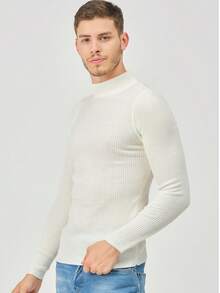Men's Navy Half Turtleneck Ribbed Thin Knit Sweater - White - View 2
