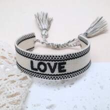 1 pieza Pulsera casual de estilo vacacional bohemio Adjustable con bordado creativo, hecha a mano, adecuada para amigos, familia, parejas, regalos festivos, fiesta, viaje, uso diario, cordón de bendición - Blanco y Negro - Ver 4
