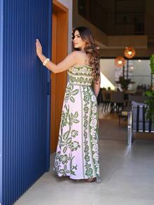 Women's Long Lastex Dress With Tie Straps - Olive Green - View 3