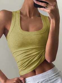 GAOVOT 女士夏季Y2K性感百搭休闲运动家居方领上衣 - 芥末黃 - 查看 3