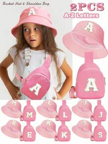 2 Pcs Children's Alphabet Bucket Hat, Stylish Simple Visor With A Shoulder Crossbody Bag, Suitable For Boys And Girls' Homecoming.