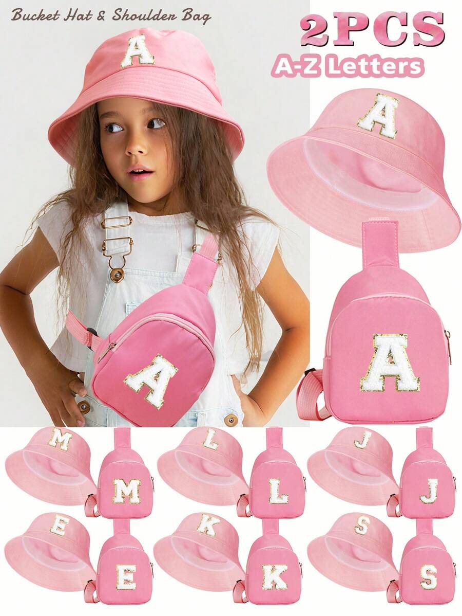 2 Pcs Children's Alphabet Bucket Hat, Stylish Simple Visor With A Shoulder Crossbody Bag, Suitable For Boys And Girls' Homecoming.
