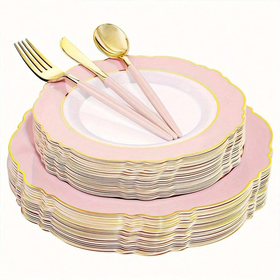 WDF Partyware 150Pcs Pink Gold Plastic Plates & Disposable Silverware, Pink Disposable Plates For Party Include 30 Dinner Plate,30 Dessert Plate,30 Knives,30 Forks,30 Spoons For Wedding Catering - 粉色 - 查看 1