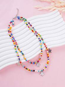 1 件不锈钢星星和月亮彩色串珠项链，波西米亚双层项链，适合女士日常佩戴 - 星星月亮 - 查看 11