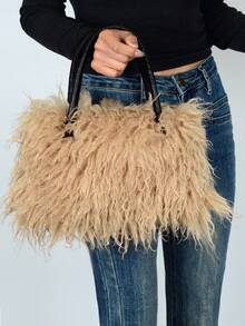Furry Shoulder Bag For Women Fuzzy Faux Fur Large Tote Handbag Cute Soft Fluffy Purse Tote Bag For Women, Lightweight Puffy Tote Bag With Compartments Quilted Shoulder Bag  Furry Purse Fluffy Tote Bags For Women Winter Faux Fur Bag Fuzzy Purses And Handbags - 卡其色 - 查看 2
