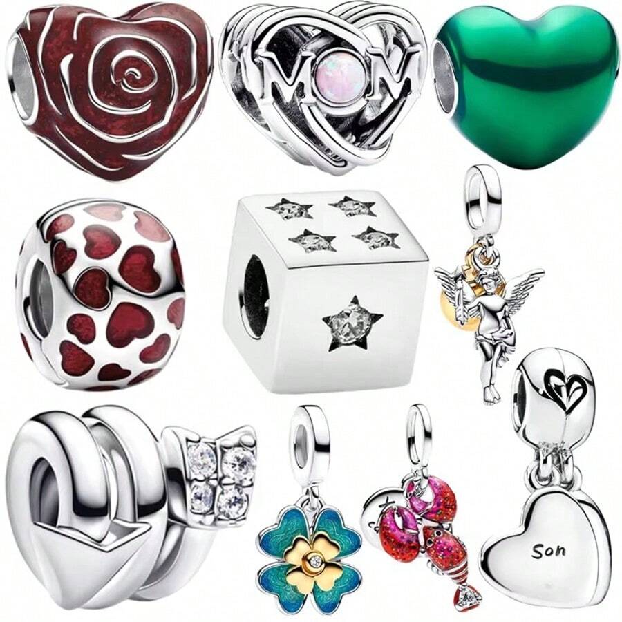 MIHUA 1 Pieza Colgante de Trébol de Cuatro Hojas con Diamante de Laboratorio en Forma de Corazón, Cuentas Colgantes Aptas para Pulsera de Serpiente Original, Collar, Cuentas para Hacer Joyas DIY, Regalo de Joyería para Mujer, Hija - Multicolor - Ver 1