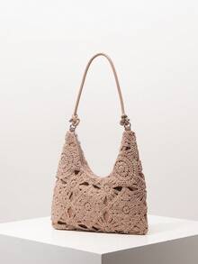 花卉镂空钩针编织单肩包、沙滩包、度假包、钩针套装、女士优雅包包、度假必备品、旅行必备品（图案随机） - 駝色 - 查看 2