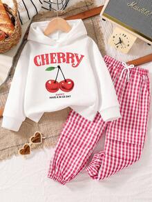 Tween Girl Cherry Print Warm Hoodie Sweatshirt And Woven Long Pants Set - White - View 1