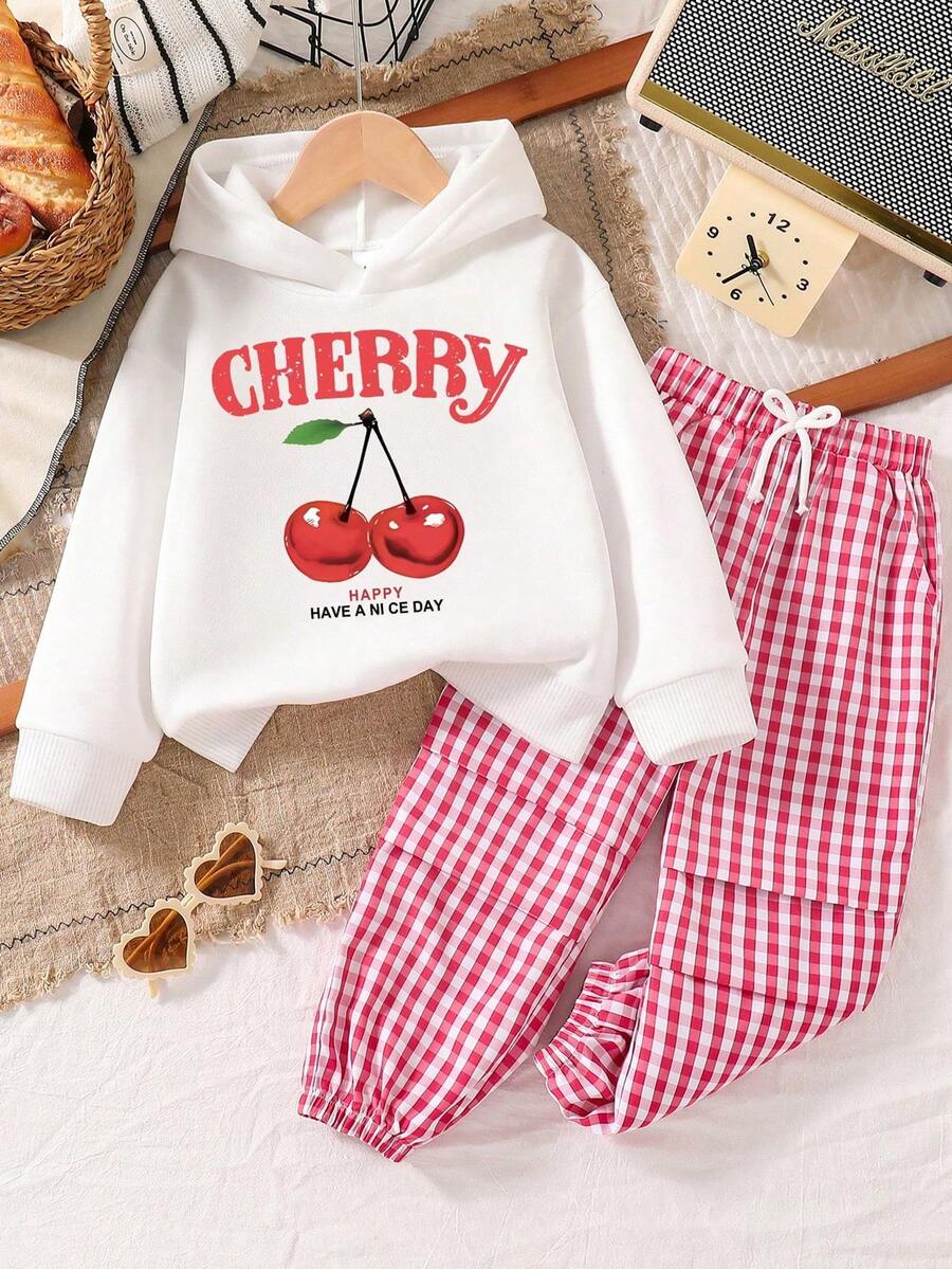 Tween Girl Cherry Print Warm Hoodie Sweatshirt And Woven Long Pants Set - White - View 1