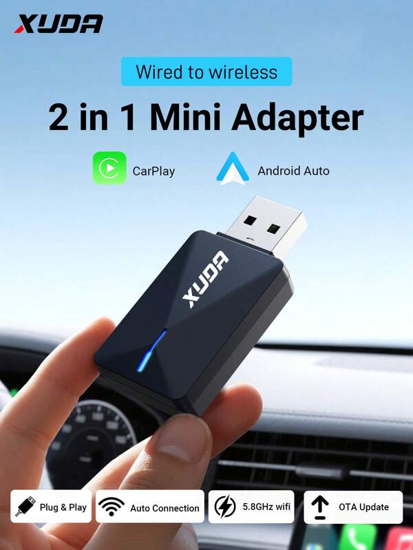 XUDA Adaptador inalámbrico 2 en 1 mini XUDA 2025, con cable inalámbrico para CarPlay y caja inteligente Android Auto, transmisión estable, adecuado para el 99% de los automóviles originales con Wired Carplay/Android Auto