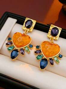 rundraw 2 chiếc hoa tai kim loại hình vuông hình trái tim Cubic Zirconia thời trang phóng đại nhiều màu sắc cho phụ nữ, thích hợp cho tiệc tùng, tiệc tối, đeo hàng ngày - Nhiều màu - Xem 10