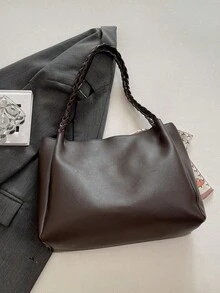 女士百搭纯色手提包，Malist PU 皮革大容量单肩包，带丝巾装饰，轻便大容量托特包，适合日常办公使用，时尚防水耐用方形托特包，母亲节礼物 - 咖啡棕 - 查看 5