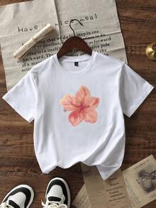 少女休闲白色圆领短袖印花T恤，夏季上衣 - 白色 - 查看 3