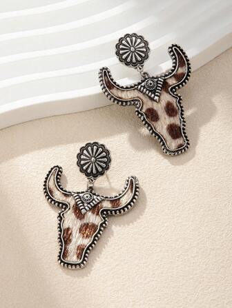 1 Pair Retro Bull Head Design Fashion Personalized Earrings, Leopard Print Horse Hair Unique Exaggerated Earrings