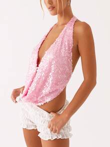 Women Sparkly Sequins Tank Tops Y2k Glitter Backless Halter Neck Vests Summer Sleeveless Tops Streetwear - Pink - View 2