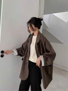 Women's Tops, Jackets, Casual Long Sleeves, Small Suits, Wide Sleeves, Collars, Loose Jackets, Polyester Blends, Double Row Two Grain Buttons, Retro British Style Solid Color Jackets, Comfortable, Skin Friendly, Breathable, Good Quality, Korean Style - 棕色 - 查看 5